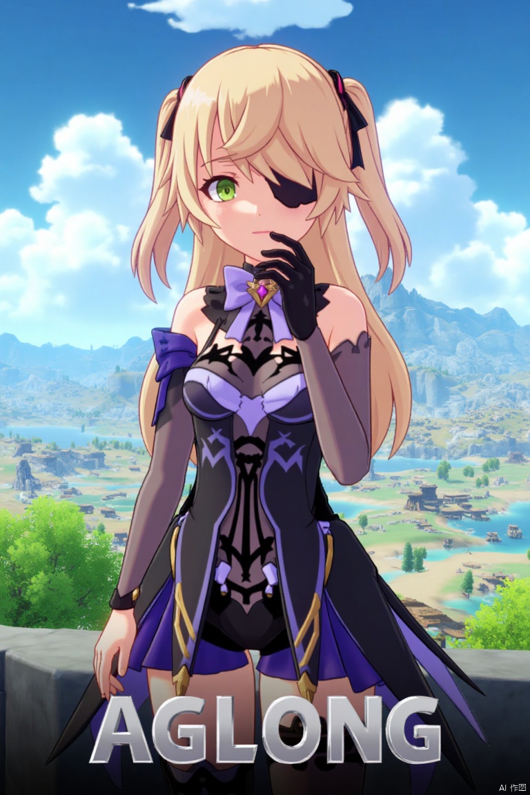 A solo blonde-haired girl with long hair, bangs, and green eyes, wearing a hair ribbon, bare shoulders, a single thigh-high, and a black glove. She is looking directly at the viewer, with an eyepatch over one eye. She wears a bow and bowtie, standing outdoors under a blue sky with clouds. The scene is framed as a movie poster, with three-dimensional text AGlong in the middle below. Cinematic lighting creates high contrast and sharp focus, emphasizing a dynamic composition and detailed background. The atmosphere is dramatic and intense.