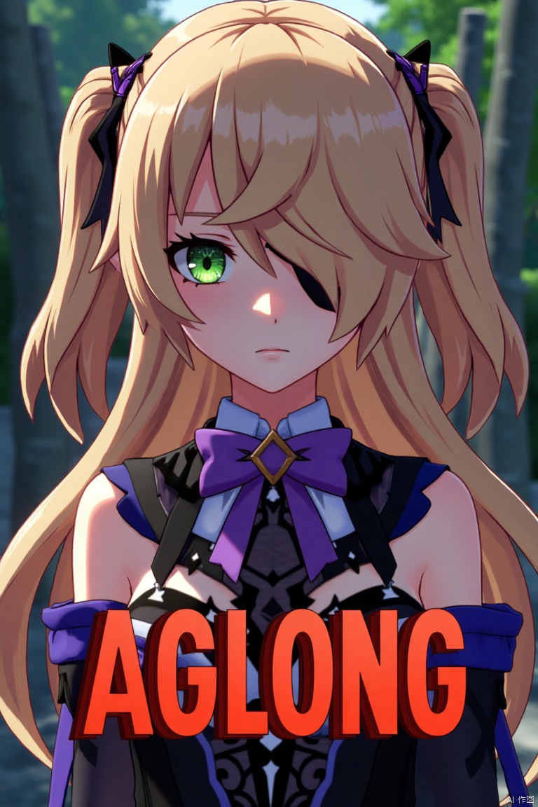 A solo girl with light brown, long hair styled two sides up, bangs, and green eyes, adorned with a hair ornament, bow, ribbon, and bowtie. Her hair is partially over one eye, and she wears an eyepatch. She is looking directly at the viewer, standing in a movie poster setting with three-dimensional text AGlong in the middle below. Cinematic lighting creates high contrast and sharp focus, enhancing a dynamic composition and detailed background. The atmosphere is dramatic and intense.