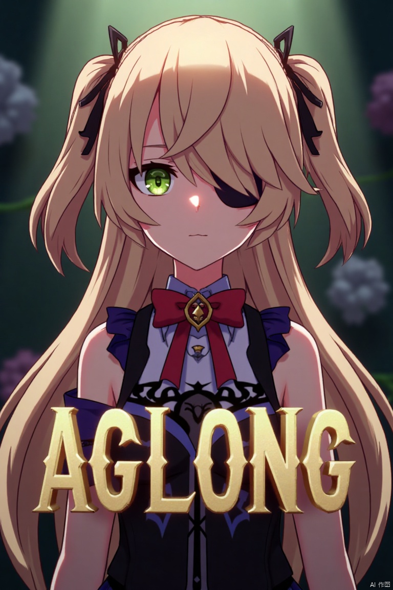 A solo girl with light brown, long hair styled two sides up, bangs, and green eyes, adorned with a hair ornament, bow, ribbon, and bowtie. Her hair is partially over one eye, and she wears an eyepatch. She is looking directly at the viewer, standing in a movie poster setting with three-dimensional text AGlong in the middle below. Cinematic lighting creates high contrast and sharp focus, enhancing a dynamic composition and detailed background. The atmosphere is dramatic and intense.