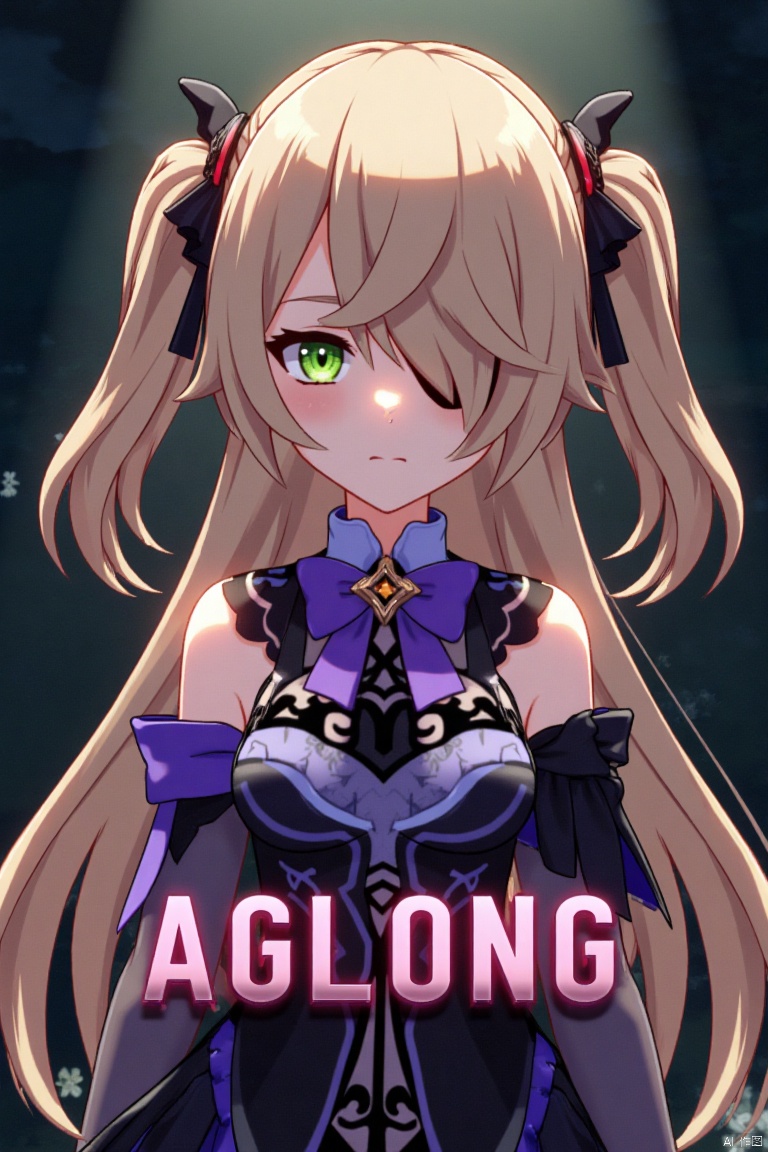 A solo girl with light brown, long hair styled two sides up, bangs, and green eyes, adorned with a hair ornament, bow, ribbon, and bowtie. Her hair is partially over one eye, and she wears an eyepatch. She is looking directly at the viewer, standing in a movie poster setting with three-dimensional text AGlong in the middle below. Cinematic lighting creates high contrast and sharp focus, enhancing a dynamic composition and detailed background. The atmosphere is dramatic and intense.