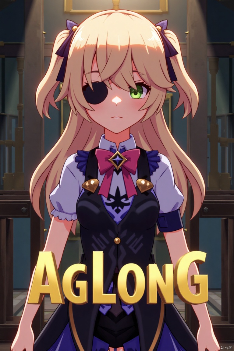 A solo girl with light brown, long hair styled two sides up, bangs, and green eyes, adorned with a hair ornament, bow, ribbon, and bowtie. Her hair is partially over one eye, and she wears an eyepatch. She is looking directly at the viewer, standing in a movie poster setting with three-dimensional text AGlong in the middle below. Cinematic lighting creates high contrast and sharp focus, enhancing a dynamic composition and detailed background. The atmosphere is dramatic and intense.