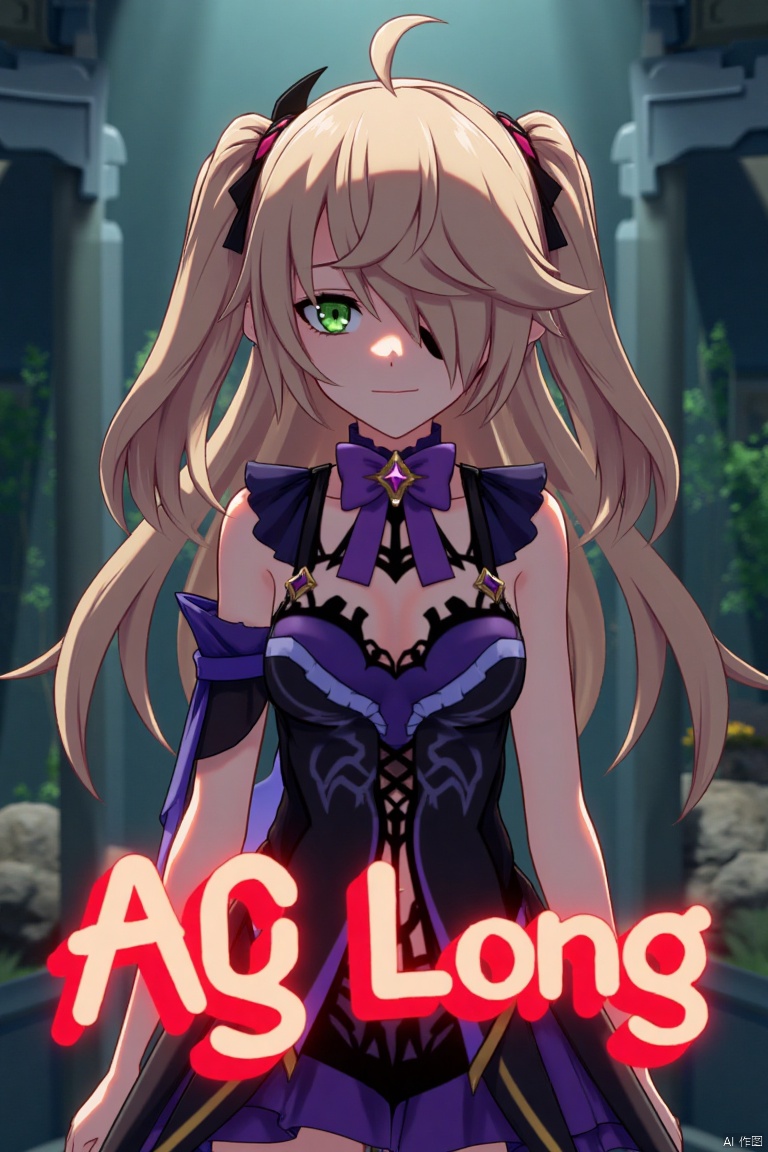 A solo girl with light brown, long hair styled two sides up, bangs, and green eyes, adorned with a hair ornament, bow, ribbon, and bowtie. Her hair is partially over one eye, and she wears an eyepatch. She is looking directly at the viewer, standing in a movie poster setting with three-dimensional text AGlong in the middle below. Cinematic lighting creates high contrast and sharp focus, enhancing a dynamic composition and detailed background. The atmosphere is dramatic and intense.