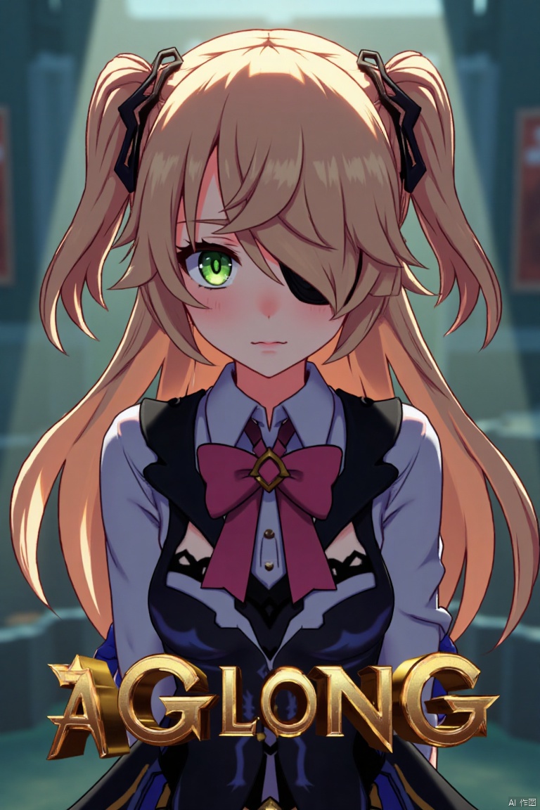 A solo girl with light brown, long hair styled two sides up, bangs, and green eyes, adorned with a hair ornament, bow, ribbon, and bowtie. Her hair is partially over one eye, and she wears an eyepatch. She is looking directly at the viewer, standing in a movie poster setting with three-dimensional text AGlong in the middle below. Cinematic lighting creates high contrast and sharp focus, enhancing a dynamic composition and detailed background. The atmosphere is dramatic and intense.