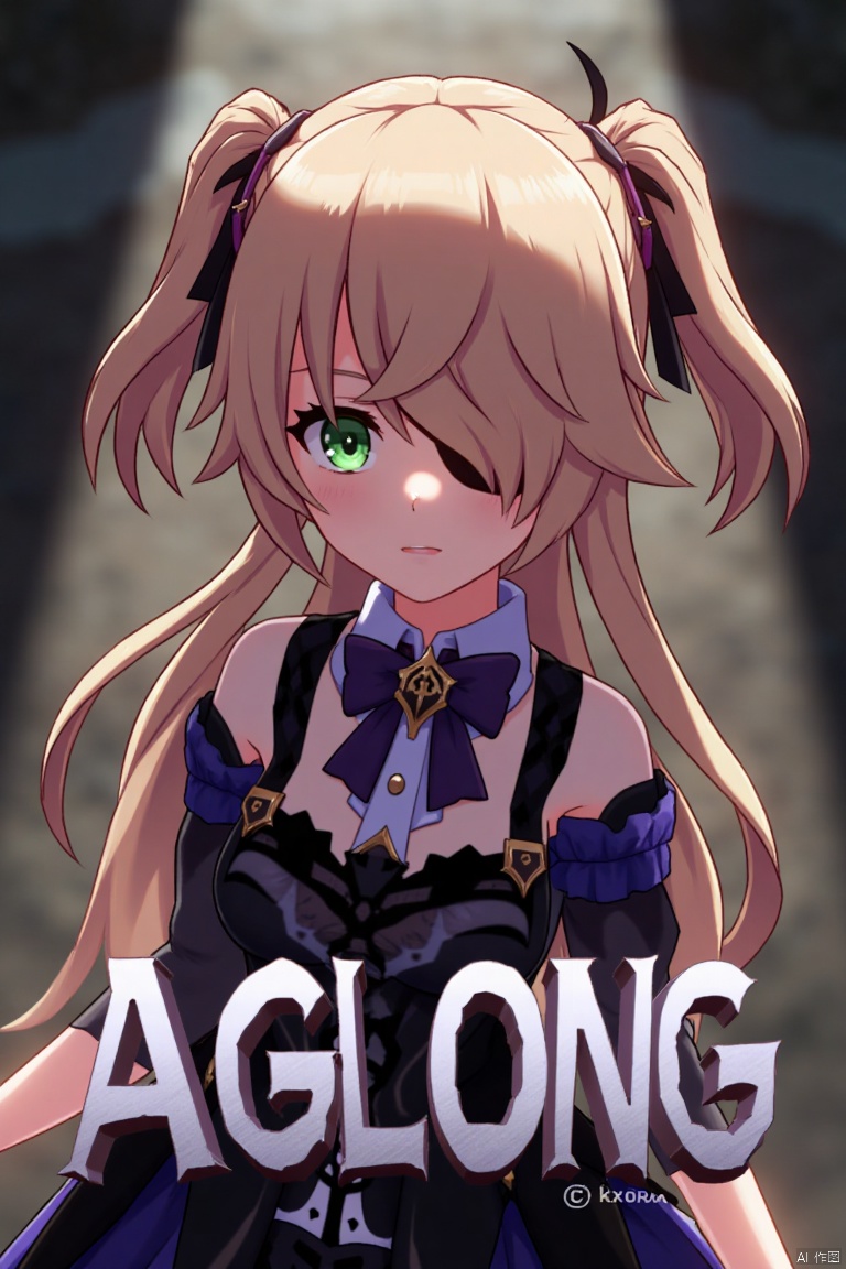 A solo girl with light brown, long hair styled two sides up, bangs, and green eyes, adorned with a hair ornament, bow, ribbon, and bowtie. Her hair is partially over one eye, and she wears an eyepatch. She is looking directly at the viewer, standing in a movie poster setting with three-dimensional text AGlong in the middle below. Cinematic lighting creates high contrast and sharp focus, enhancing a dynamic composition and detailed background. The atmosphere is dramatic and intense.