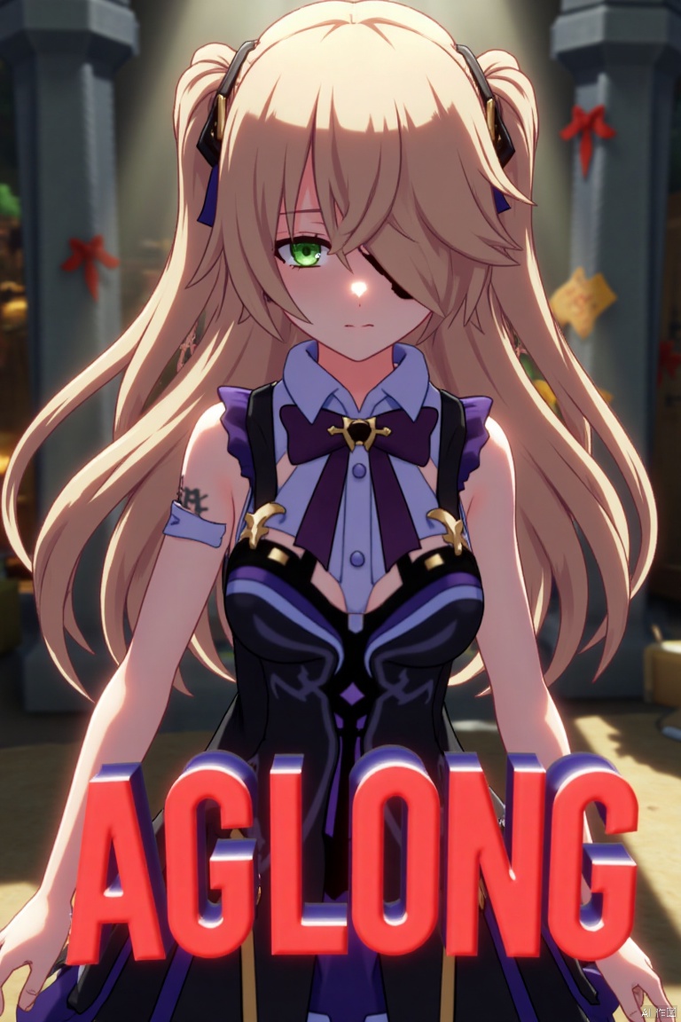 A solo girl with light brown, long hair styled two sides up, bangs, and green eyes, adorned with a hair ornament, bow, ribbon, and bowtie. Her hair is partially over one eye, and she wears an eyepatch. She is looking directly at the viewer, standing in a movie poster setting with three-dimensional text AGlong in the middle below. Cinematic lighting creates high contrast and sharp focus, enhancing a dynamic composition and detailed background. The atmosphere is dramatic and intense.
