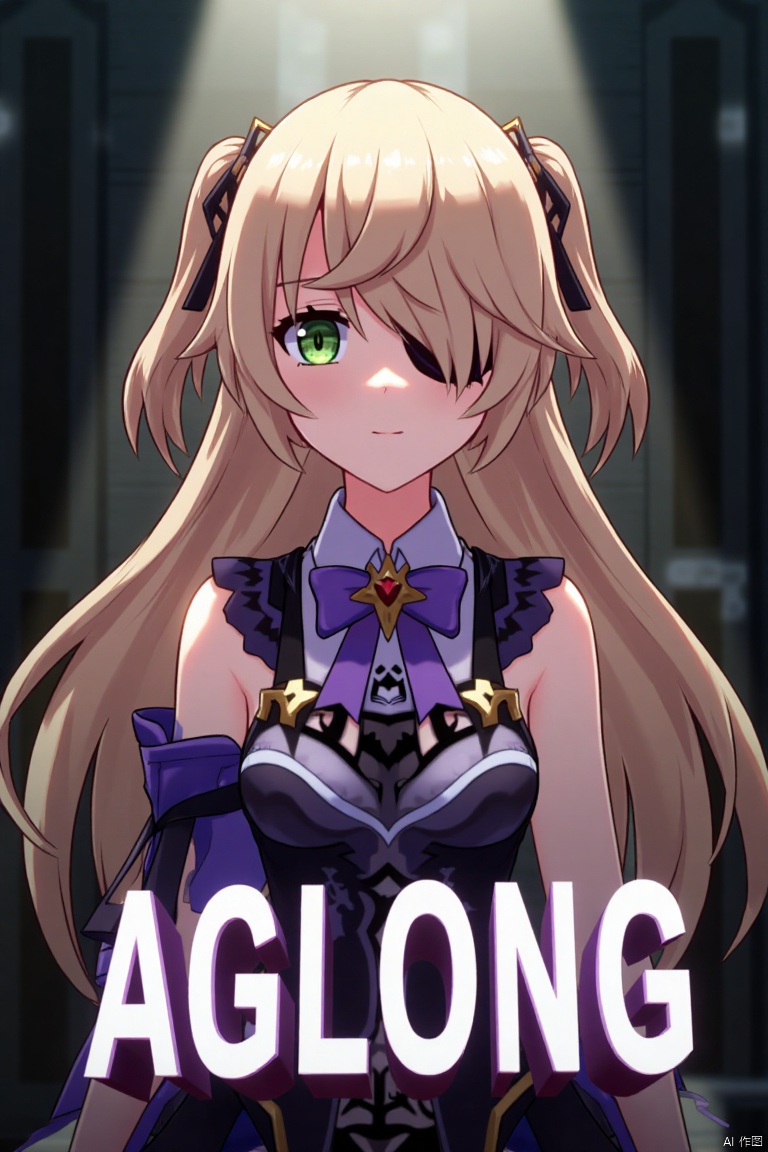 A solo girl with light brown, long hair styled two sides up, bangs, and green eyes, adorned with a hair ornament, bow, ribbon, and bowtie. Her hair is partially over one eye, and she wears an eyepatch. She is looking directly at the viewer, standing in a movie poster setting with three-dimensional text AGlong in the middle below. Cinematic lighting creates high contrast and sharp focus, enhancing a dynamic composition and detailed background. The atmosphere is dramatic and intense.