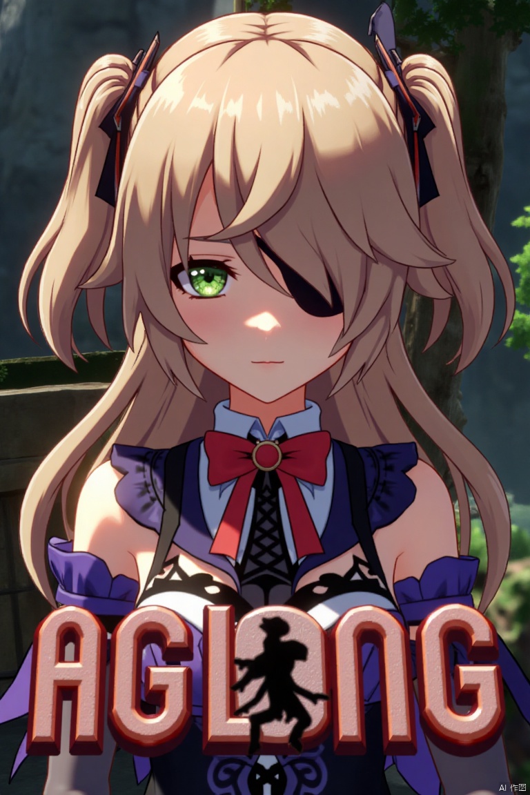 A solo girl with light brown, long hair styled two sides up, bangs, and green eyes, adorned with a hair ornament, bow, ribbon, and bowtie. Her hair is partially over one eye, and she wears an eyepatch. She is looking directly at the viewer, standing in a movie poster setting with three-dimensional text AGlong in the middle below. Cinematic lighting creates high contrast and sharp focus, enhancing a dynamic composition and detailed background. The atmosphere is dramatic and intense.
