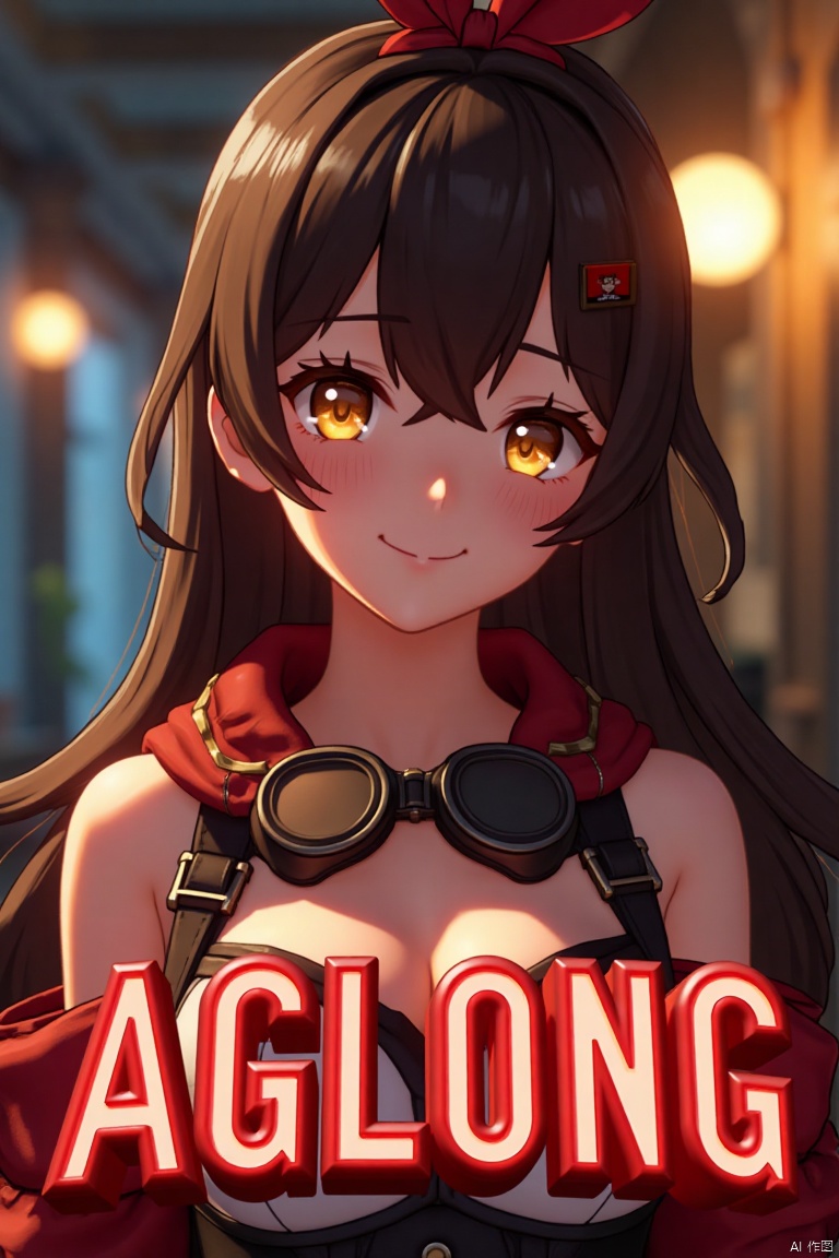 A solo girl with long brown hair, bangs, and a ribbon in her hair, looking at the viewer with a smile. She has yellow eyes, cleavage, and sidelocks with a hair ribbon. She wears goggles around her neck. The shot is framed with cinematic lighting, high contrast, and sharp focus, creating a dramatic atmosphere. The background is detailed with a poster theme, featuring three-dimensional text AGlong in the middle below, enhancing the dynamic composition.