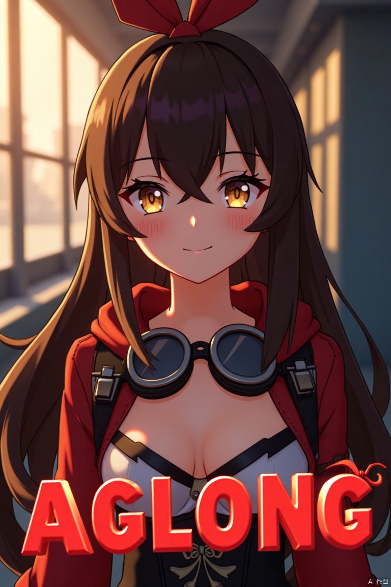 A solo girl with long brown hair, bangs, and a ribbon in her hair, looking at the viewer with a smile. She has yellow eyes, cleavage, and sidelocks with a hair ribbon. She wears goggles around her neck. The shot is framed with cinematic lighting, high contrast, and sharp focus, creating a dramatic atmosphere. The background is detailed with a poster theme, featuring three-dimensional text AGlong in the middle below, enhancing the dynamic composition.