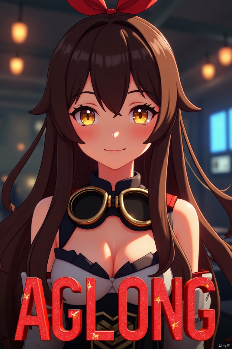 A solo girl with long brown hair, bangs, and a ribbon in her hair, looking at the viewer with a smile. She has yellow eyes, cleavage, and sidelocks with a hair ribbon. She wears goggles around her neck. The shot is framed with cinematic lighting, high contrast, and sharp focus, creating a dramatic atmosphere. The background is detailed with a poster theme, featuring three-dimensional text AGlong in the middle below, enhancing the dynamic composition.