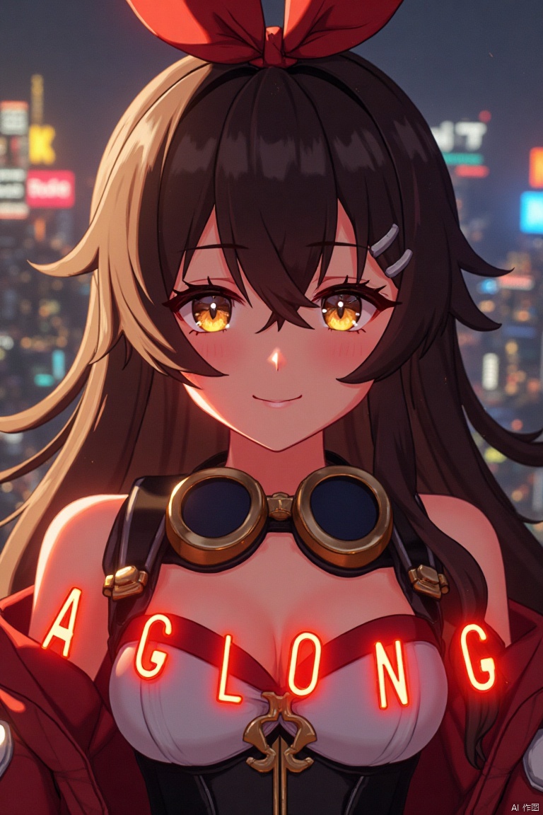 A solo girl with long brown hair, bangs, and a ribbon in her hair, looking at the viewer with a smile. She has yellow eyes, cleavage, and sidelocks with a hair ribbon. She wears goggles around her neck. The shot is framed with cinematic lighting, high contrast, and sharp focus, creating a dramatic atmosphere. The background is detailed with a poster theme, featuring three-dimensional text AGlong in the middle below, enhancing the dynamic composition.