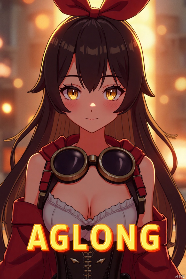 A solo girl with long brown hair, bangs, and a ribbon in her hair, looking at the viewer with a smile. She has yellow eyes, cleavage, and sidelocks with a hair ribbon. She wears goggles around her neck. The shot is framed with cinematic lighting, high contrast, and sharp focus, creating a dramatic atmosphere. The background is detailed with a poster theme, featuring three-dimensional text AGlong in the middle below, enhancing the dynamic composition.