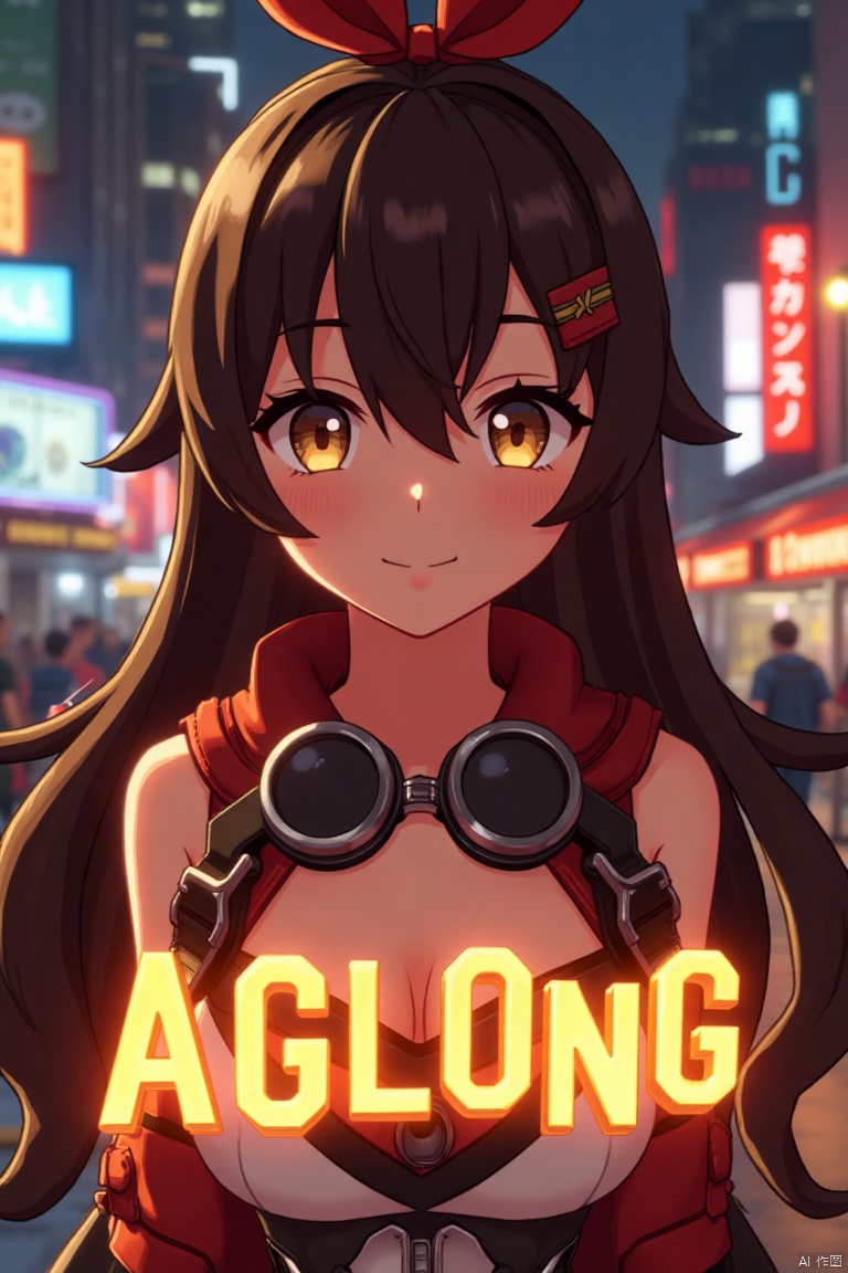 A solo girl with long brown hair, bangs, and a ribbon in her hair, looking at the viewer with a smile. She has yellow eyes, cleavage, and sidelocks with a hair ribbon. She wears goggles around her neck. The shot is framed with cinematic lighting, high contrast, and sharp focus, creating a dramatic atmosphere. The background is detailed with a poster theme, featuring three-dimensional text AGlong in the middle below, enhancing the dynamic composition.