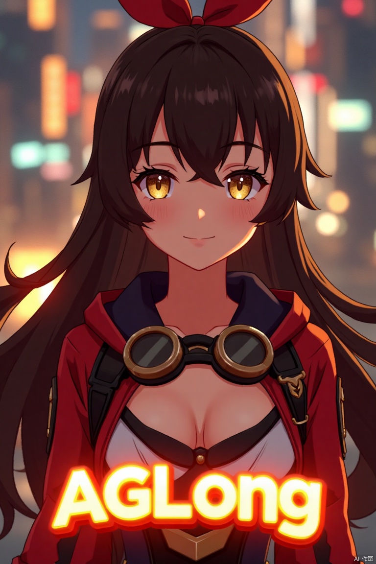 A solo girl with long brown hair, bangs, and a ribbon in her hair, looking at the viewer with a smile. She has yellow eyes, cleavage, and sidelocks with a hair ribbon. She wears goggles around her neck. The shot is framed with cinematic lighting, high contrast, and sharp focus, creating a dramatic atmosphere. The background is detailed with a poster theme, featuring three-dimensional text AGlong in the middle below, enhancing the dynamic composition.