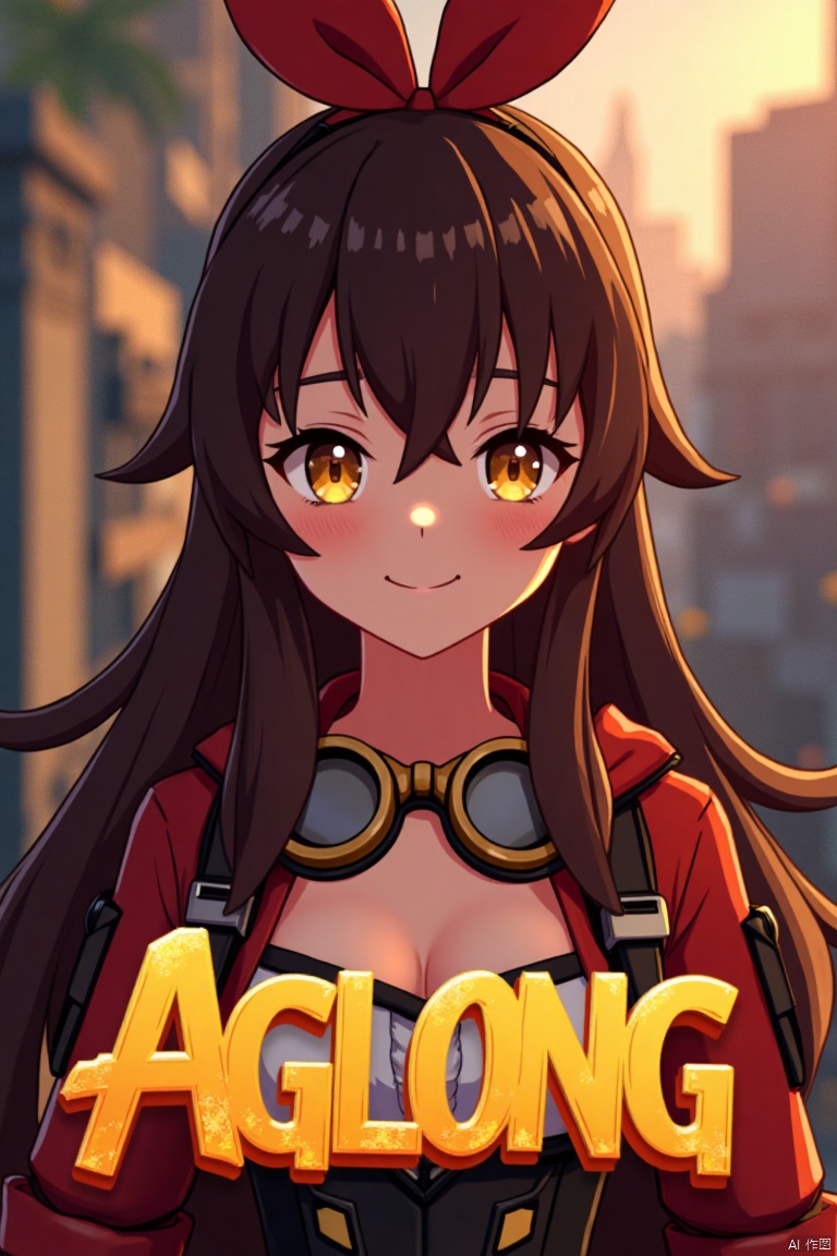 A solo girl with long brown hair, bangs, and a ribbon in her hair, looking at the viewer with a smile. She has yellow eyes, cleavage, and sidelocks with a hair ribbon. She wears goggles around her neck. The shot is framed with cinematic lighting, high contrast, and sharp focus, creating a dramatic atmosphere. The background is detailed with a poster theme, featuring three-dimensional text AGlong in the middle below, enhancing the dynamic composition.