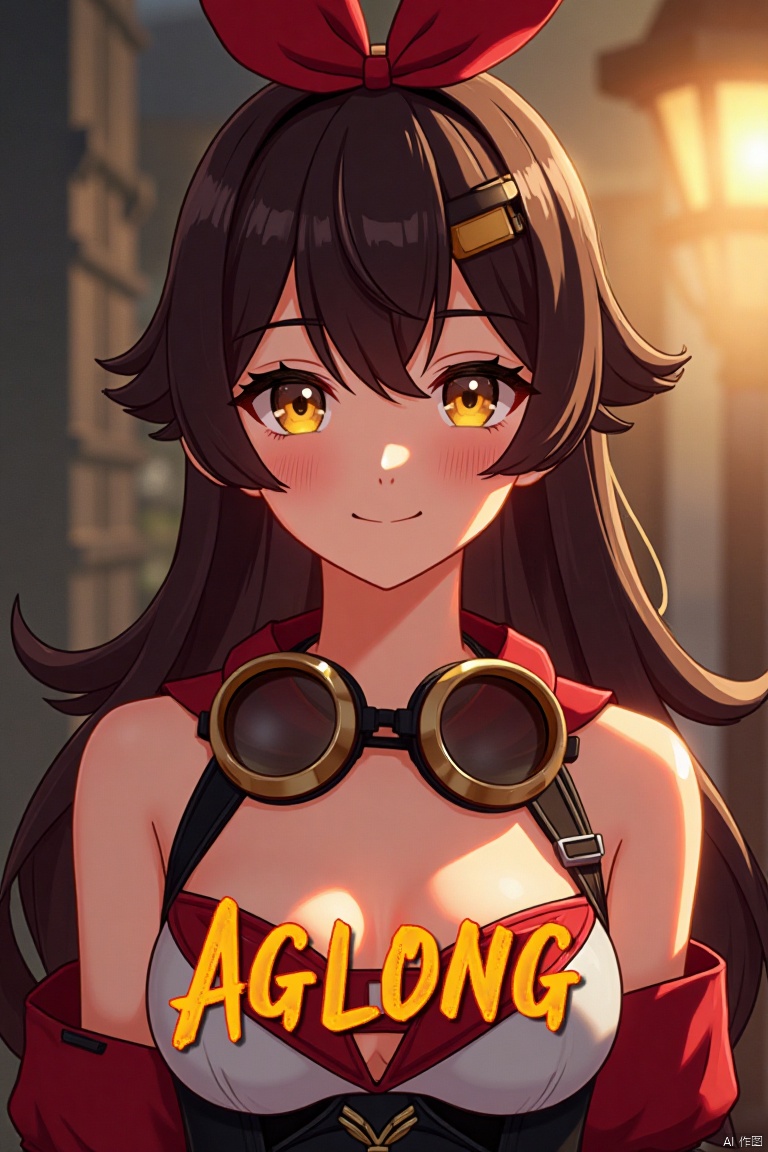 A solo girl with long brown hair, bangs, and a ribbon in her hair, looking at the viewer with a smile. She has yellow eyes, cleavage, and sidelocks with a hair ribbon. She wears goggles around her neck. The shot is framed with cinematic lighting, high contrast, and sharp focus, creating a dramatic atmosphere. The background is detailed with a poster theme, featuring three-dimensional text AGlong in the middle below, enhancing the dynamic composition.