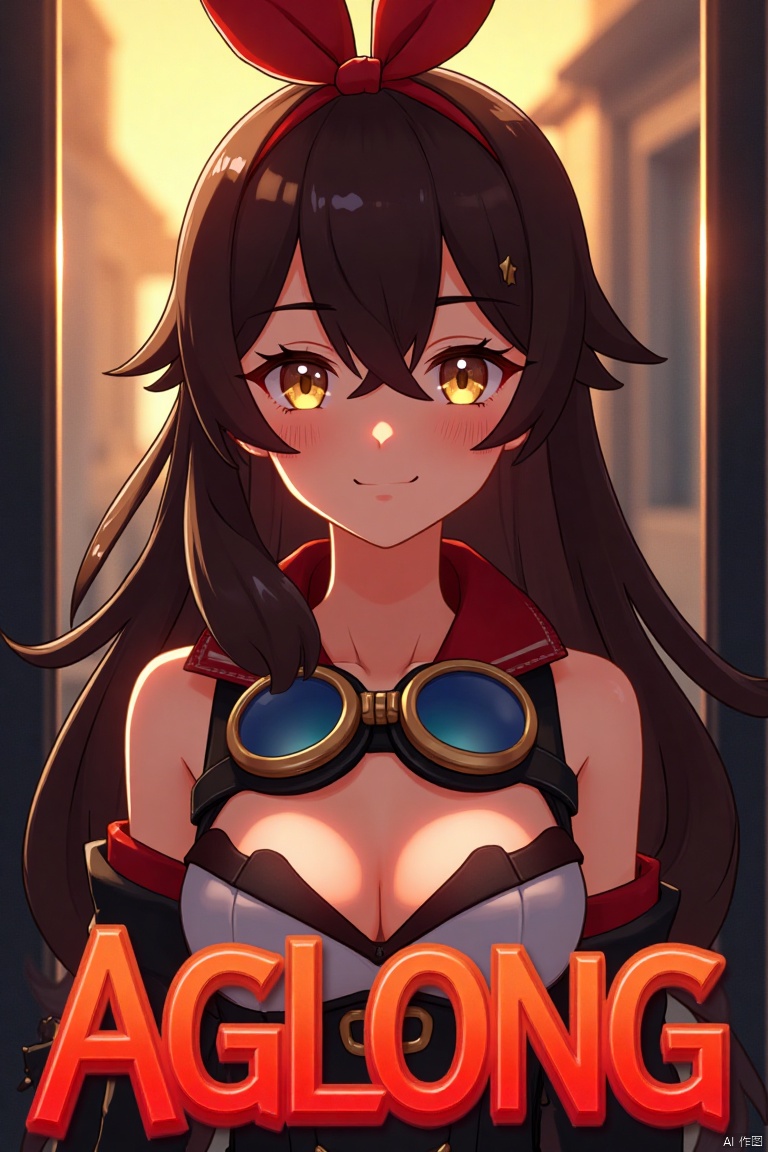 A solo girl with long brown hair, bangs, and a ribbon in her hair, looking at the viewer with a smile. She has yellow eyes, cleavage, and sidelocks with a hair ribbon. She wears goggles around her neck. The shot is framed with cinematic lighting, high contrast, and sharp focus, creating a dramatic atmosphere. The background is detailed with a poster theme, featuring three-dimensional text AGlong in the middle below, enhancing the dynamic composition.