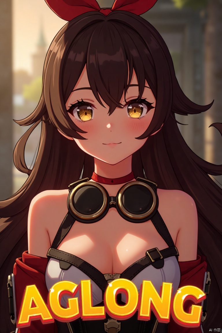 A solo girl with long brown hair, bangs, and a ribbon in her hair, looking at the viewer with a smile. She has yellow eyes, cleavage, and sidelocks with a hair ribbon. She wears goggles around her neck. The shot is framed with cinematic lighting, high contrast, and sharp focus, creating a dramatic atmosphere. The background is detailed with a poster theme, featuring three-dimensional text AGlong in the middle below, enhancing the dynamic composition.
