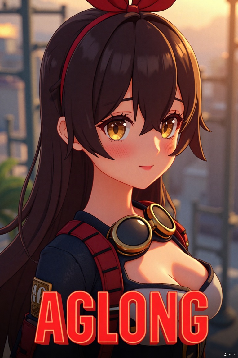 A solo girl with long brown hair, bangs, and a ribbon in her hair, looking at the viewer with a smile. She has yellow eyes, cleavage, and sidelocks with a hair ribbon. She wears goggles around her neck. The shot is framed with cinematic lighting, high contrast, and sharp focus, creating a dramatic atmosphere. The background is detailed with a poster theme, featuring three-dimensional text AGlong in the middle below, enhancing the dynamic composition.