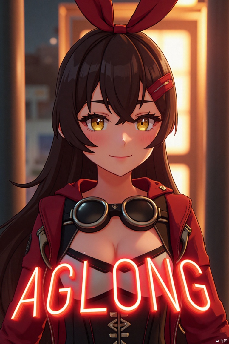 A solo girl with long brown hair, bangs, and a ribbon in her hair, looking at the viewer with a smile. She has yellow eyes, cleavage, and sidelocks with a hair ribbon. She wears goggles around her neck. The shot is framed with cinematic lighting, high contrast, and sharp focus, creating a dramatic atmosphere. The background is detailed with a poster theme, featuring three-dimensional text AGlong in the middle below, enhancing the dynamic composition.