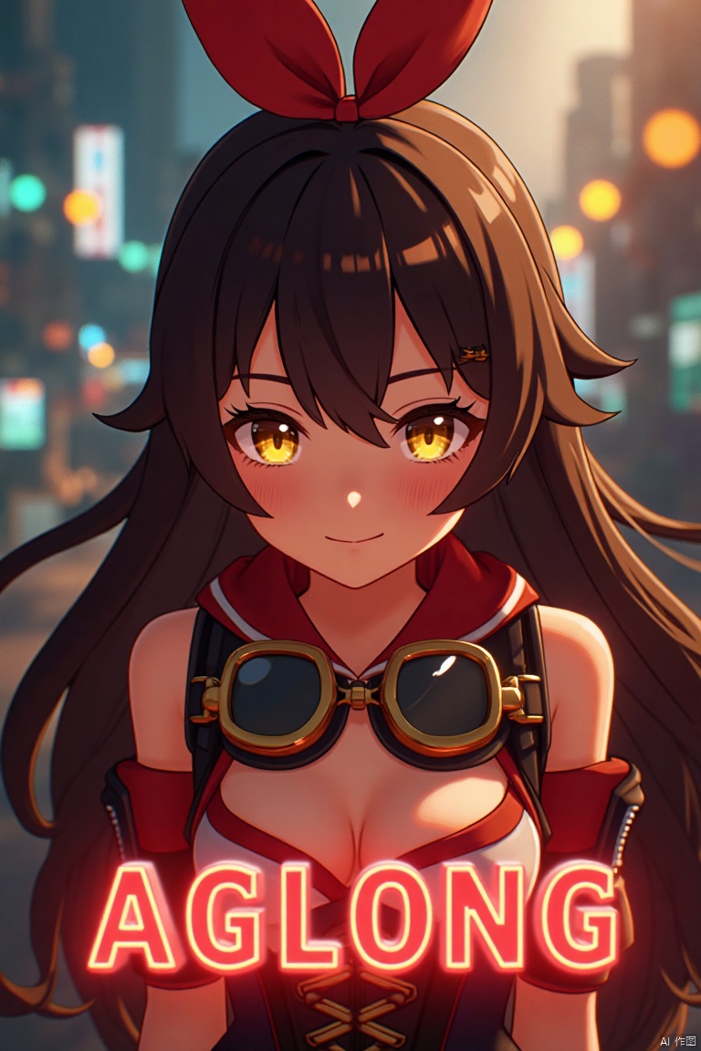 A solo girl with long brown hair, bangs, and a ribbon in her hair, looking at the viewer with a smile. She has yellow eyes, cleavage, and sidelocks with a hair ribbon. She wears goggles around her neck. The shot is framed with cinematic lighting, high contrast, and sharp focus, creating a dramatic atmosphere. The background is detailed with a poster theme, featuring three-dimensional text AGlong in the middle below, enhancing the dynamic composition.