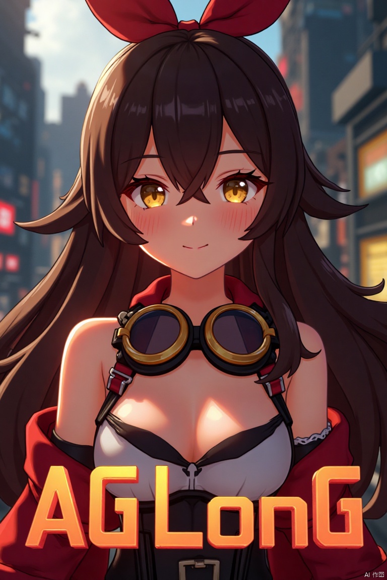 A solo girl with long brown hair, bangs, and a ribbon in her hair, looking at the viewer with a smile. She has yellow eyes, cleavage, and sidelocks with a hair ribbon. She wears goggles around her neck. The shot is framed with cinematic lighting, high contrast, and sharp focus, creating a dramatic atmosphere. The background is detailed with a poster theme, featuring three-dimensional text AGlong in the middle below, enhancing the dynamic composition.