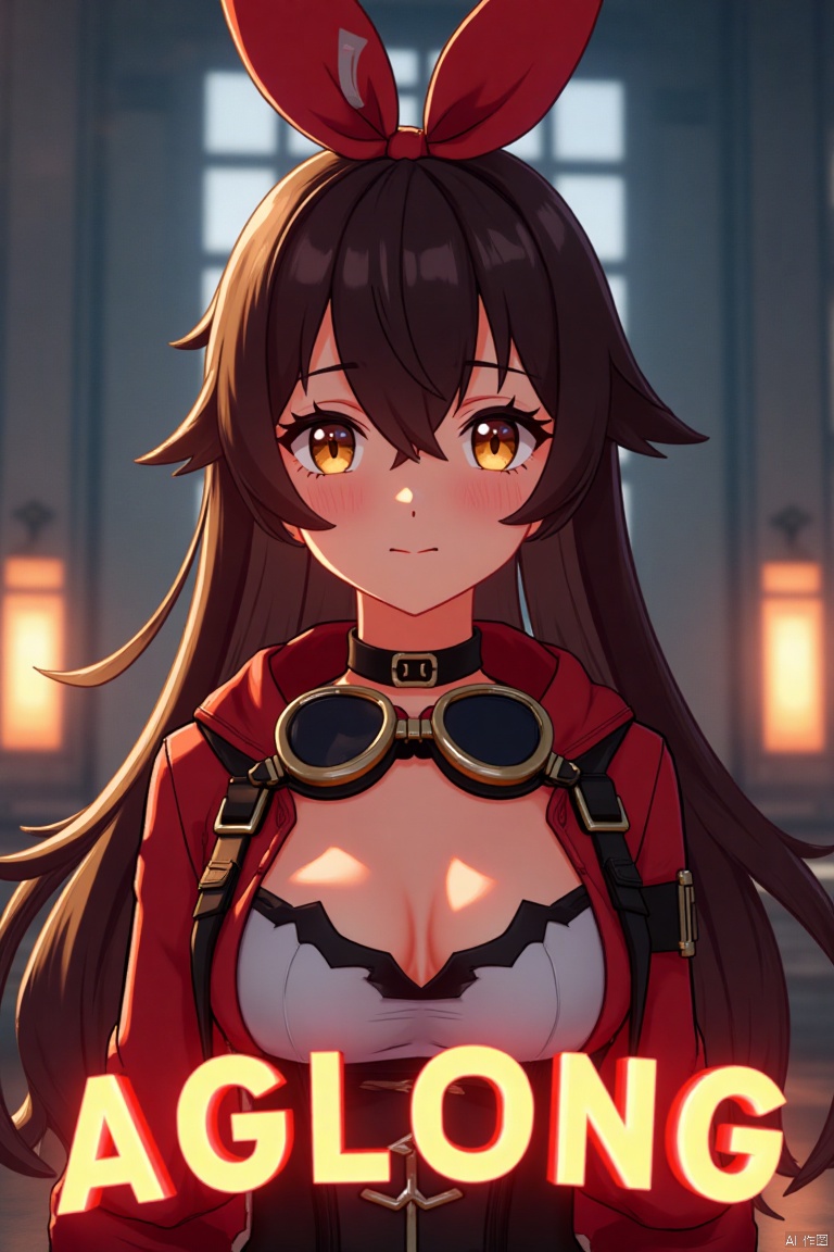 A solo girl with long brown hair, bangs, and a ribbon in her hair, looking at the viewer with a smile. She has yellow eyes, cleavage, and sidelocks with a hair ribbon. She wears goggles around her neck. The shot is framed with cinematic lighting, high contrast, and sharp focus, creating a dramatic atmosphere. The background is detailed with a poster theme, featuring three-dimensional text AGlong in the middle below, enhancing the dynamic composition.