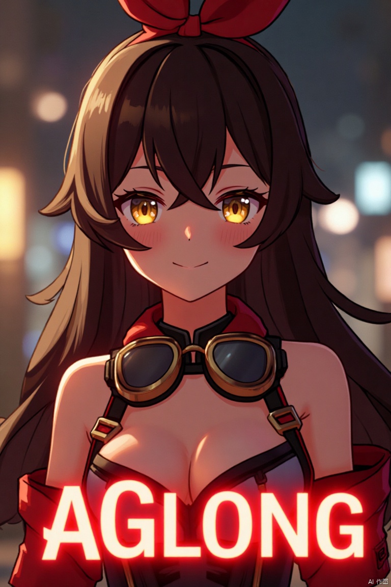 A solo girl with long brown hair, bangs, and a ribbon in her hair, looking at the viewer with a smile. She has yellow eyes, cleavage, and sidelocks with a hair ribbon. She wears goggles around her neck. The shot is framed with cinematic lighting, high contrast, and sharp focus, creating a dramatic atmosphere. The background is detailed with a poster theme, featuring three-dimensional text AGlong in the middle below, enhancing the dynamic composition.