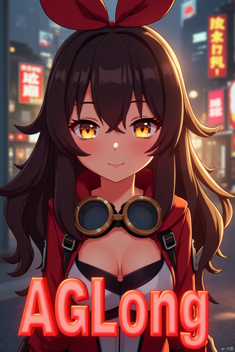 A solo girl with long brown hair, bangs, and a ribbon in her hair, looking at the viewer with a smile. She has yellow eyes, cleavage, and sidelocks with a hair ribbon. She wears goggles around her neck. The shot is framed with cinematic lighting, high contrast, and sharp focus, creating a dramatic atmosphere. The background is detailed with a poster theme, featuring three-dimensional text AGlong in the middle below, enhancing the dynamic composition.