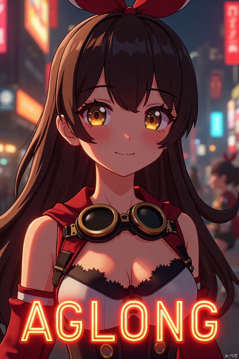 A solo girl with long brown hair, bangs, and a ribbon in her hair, looking at the viewer with a smile. She has yellow eyes, cleavage, and sidelocks with a hair ribbon. She wears goggles around her neck. The shot is framed with cinematic lighting, high contrast, and sharp focus, creating a dramatic atmosphere. The background is detailed with a poster theme, featuring three-dimensional text AGlong in the middle below, enhancing the dynamic composition.