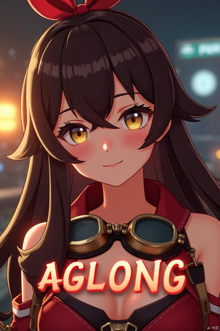 A solo girl with long brown hair, bangs, and a ribbon in her hair, looking at the viewer with a smile. She has yellow eyes, cleavage, and sidelocks with a hair ribbon. She wears goggles around her neck. The shot is framed with cinematic lighting, high contrast, and sharp focus, creating a dramatic atmosphere. The background is detailed with a poster theme, featuring three-dimensional text AGlong in the middle below, enhancing the dynamic composition.