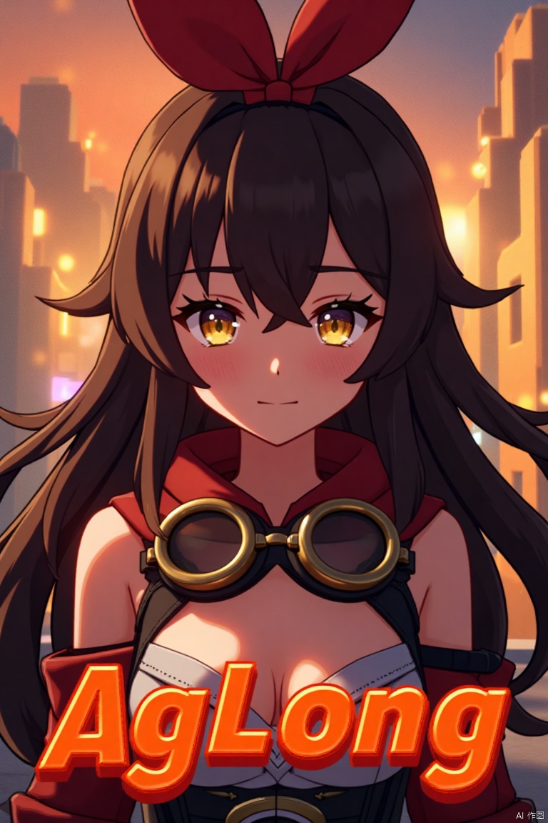 A solo girl with long brown hair, bangs, and a ribbon in her hair, looking at the viewer with a smile. She has yellow eyes, cleavage, and sidelocks with a hair ribbon. She wears goggles around her neck. The shot is framed with cinematic lighting, high contrast, and sharp focus, creating a dramatic atmosphere. The background is detailed with a poster theme, featuring three-dimensional text AGlong in the middle below, enhancing the dynamic composition.