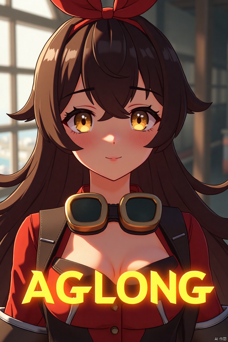 A solo girl with long brown hair, bangs, and a ribbon in her hair, looking at the viewer with a smile. She has yellow eyes, cleavage, and sidelocks with a hair ribbon. She wears goggles around her neck. The shot is framed with cinematic lighting, high contrast, and sharp focus, creating a dramatic atmosphere. The background is detailed with a poster theme, featuring three-dimensional text AGlong in the middle below, enhancing the dynamic composition.