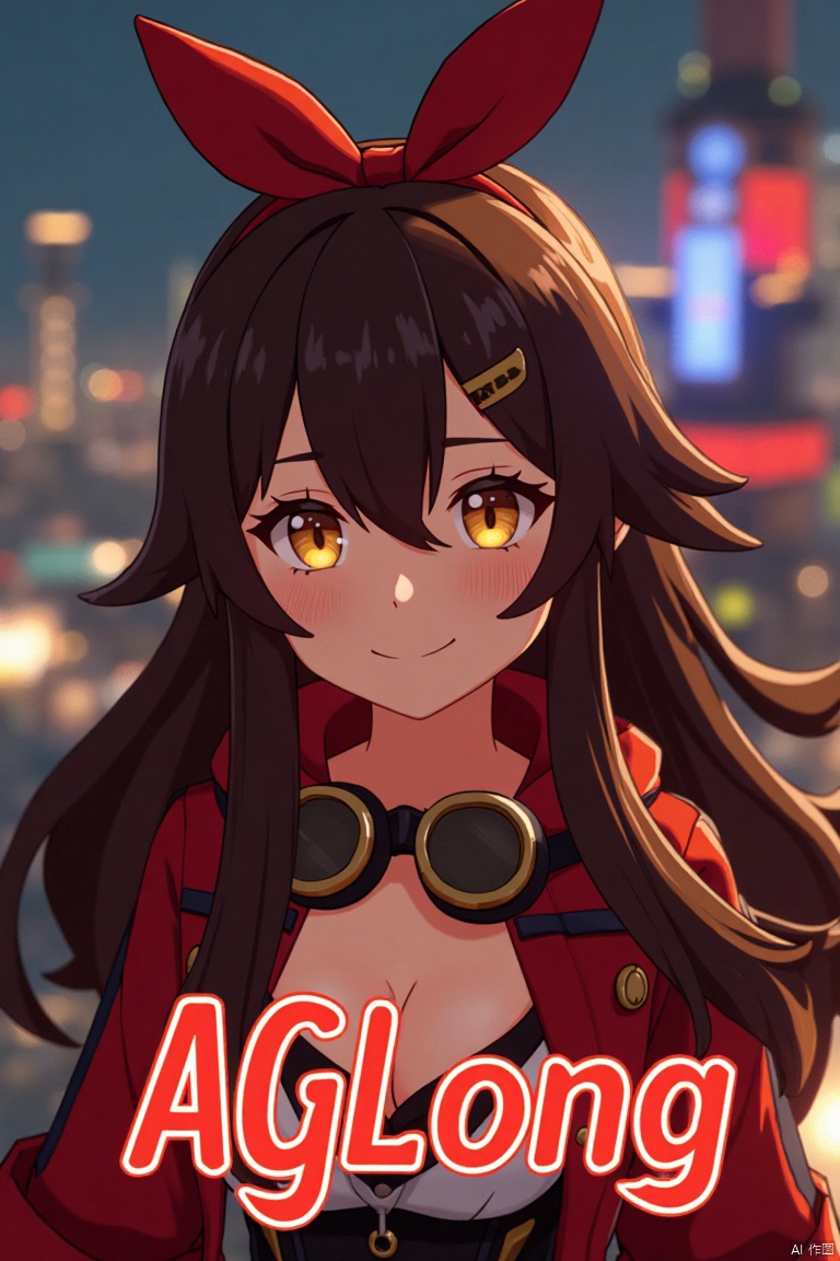 A solo girl with long brown hair, bangs, and a ribbon in her hair, looking at the viewer with a smile. She has yellow eyes, cleavage, and sidelocks with a hair ribbon. She wears goggles around her neck. The shot is framed with cinematic lighting, high contrast, and sharp focus, creating a dramatic atmosphere. The background is detailed with a poster theme, featuring three-dimensional text AGlong in the middle below, enhancing the dynamic composition.