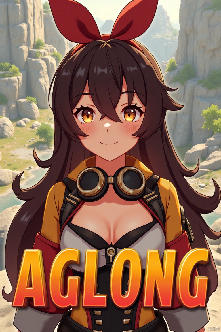 A solo girl with long brown hair and bangs, wearing a ribbon and goggles around her neck, stands in a dynamic pose, looking directly at the viewer with a smile. Her amber eyes are partially obscured by her hair between them. She has cleavage and sidelocks, and her hair is detailed with a yellow tint. The background is simple yet detailed, with a poster theme and three-dimensional text AGlong in the middle below. Cinematic lighting creates high contrast and sharp focus, enhancing the dramatic atmosphere.