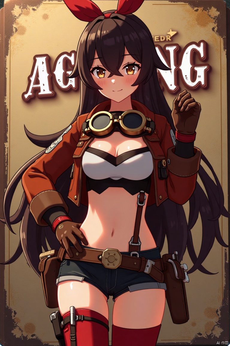 A solo girl with very long brown hair and bangs, wearing a red ribbon and goggles around her neck, stands in a cowboy shot with her hand on her hip, looking at the viewer with a blushing grin. She has medium breasts, brown eyes partially obscured by her hair, and is dressed in a jacket, long sleeves, brown gloves, and short shorts. Her outfit includes a pouch and red thigh-highs. The background is detailed with a poster theme, featuring three-dimensional text AGlong in the middle below. Cinematic lighting creates high contrast and sharp focus, enhancing the dynamic composition and dramatic atmosphere.