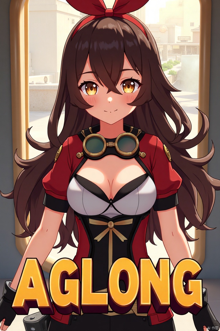 A solo girl with long brown hair and bangs, wearing a ribbon and goggles around her neck, stands in a dynamic pose, looking directly at the viewer with a smile. Her amber eyes are partially obscured by her hair between them. She has cleavage and sidelocks, and her hair is detailed with a yellow tint. The background is simple yet detailed, with a poster theme and three-dimensional text AGlong in the middle below. Cinematic lighting creates high contrast and sharp focus, enhancing the dramatic atmosphere.