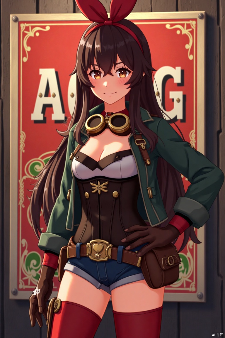A solo girl with very long brown hair and bangs, wearing a red ribbon and goggles around her neck, stands in a cowboy shot with her hand on her hip, looking at the viewer with a blushing grin. She has medium breasts, brown eyes partially obscured by her hair, and is dressed in a jacket, long sleeves, brown gloves, and short shorts. Her outfit includes a pouch and red thigh-highs. The background is detailed with a poster theme, featuring three-dimensional text AGlong in the middle below. Cinematic lighting creates high contrast and sharp focus, enhancing the dynamic composition and dramatic atmosphere.