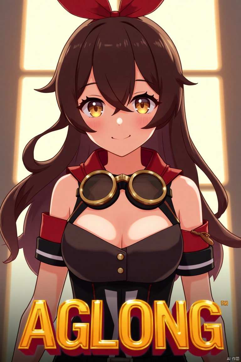 A solo girl with long brown hair and bangs, wearing a ribbon and goggles around her neck, stands in a dynamic pose, looking directly at the viewer with a smile. Her amber eyes are partially obscured by her hair between them. She has cleavage and sidelocks, and her hair is detailed with a yellow tint. The background is simple yet detailed, with a poster theme and three-dimensional text AGlong in the middle below. Cinematic lighting creates high contrast and sharp focus, enhancing the dramatic atmosphere.