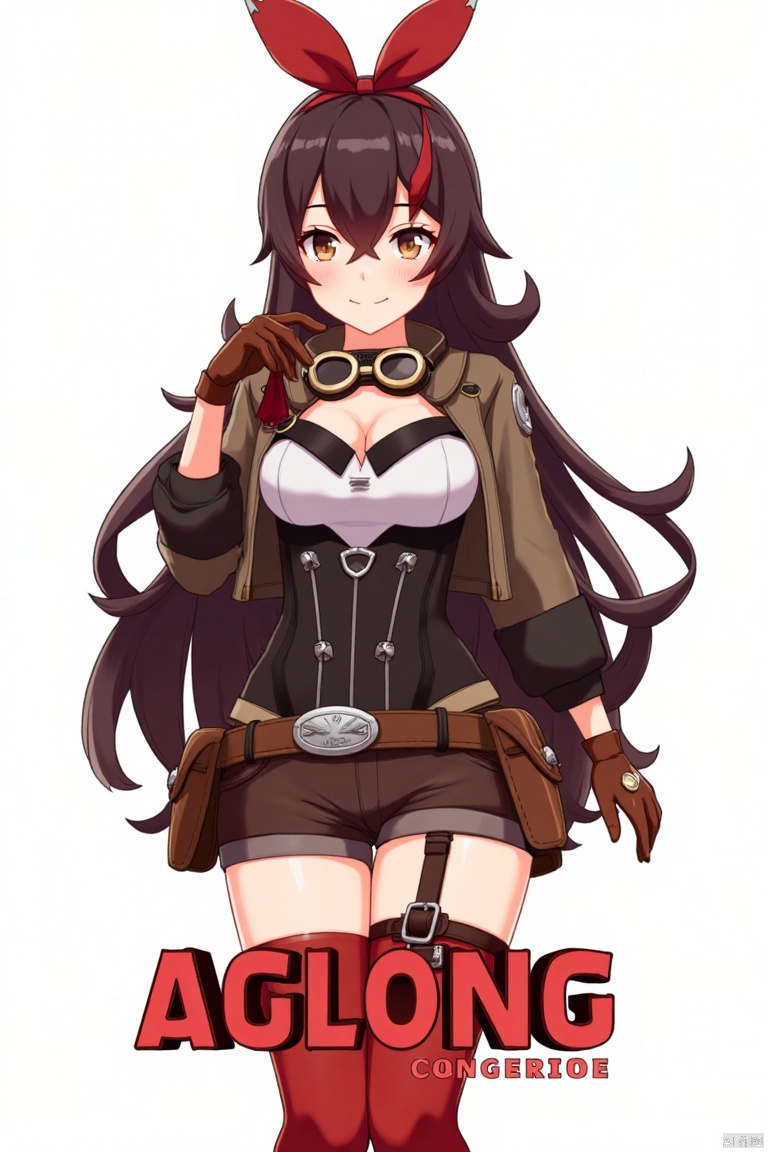 A solo girl with very long brown hair and bangs, wearing a red ribbon and goggles around her neck, stands in a cowboy shot, hand on hip, looking at the viewer with a blushing grin. She has medium breasts, brown eyes partially obscured by her hair, and is dressed in a jacket, long sleeves, brown gloves, and short shorts. Her outfit includes a pouch, red thigh-highs, and brown shorts. The white background is detailed with a poster theme, featuring three-dimensional text AGlong in the middle below. Cinematic lighting creates high contrast and sharp focus, enhancing the dynamic composition and dramatic atmosphere.