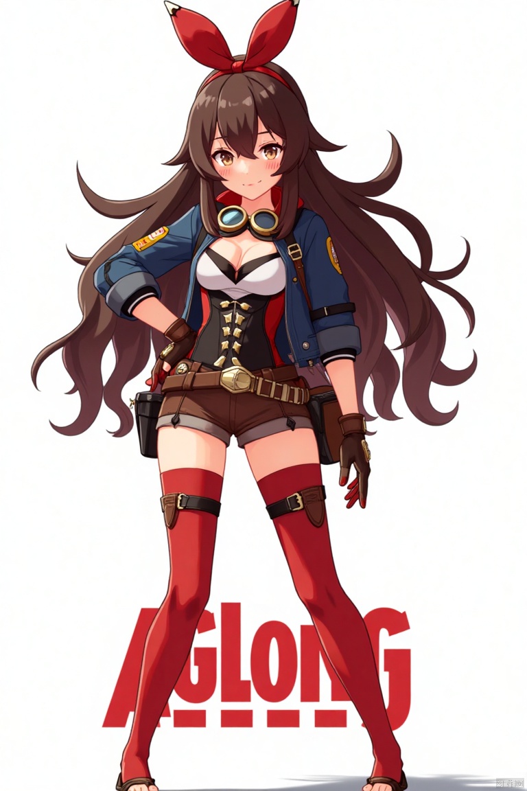 A solo girl with very long brown hair and bangs, wearing a red ribbon and goggles around her neck, stands in a cowboy shot, hand on hip, looking at the viewer with a blushing grin. She has medium breasts, brown eyes partially obscured by her hair, and is dressed in a jacket, long sleeves, brown gloves, and short shorts. Her outfit includes a pouch, red thigh-highs, and brown shorts. The white background is detailed with a poster theme, featuring three-dimensional text AGlong in the middle below. Cinematic lighting creates high contrast and sharp focus, enhancing the dynamic composition and dramatic atmosphere.