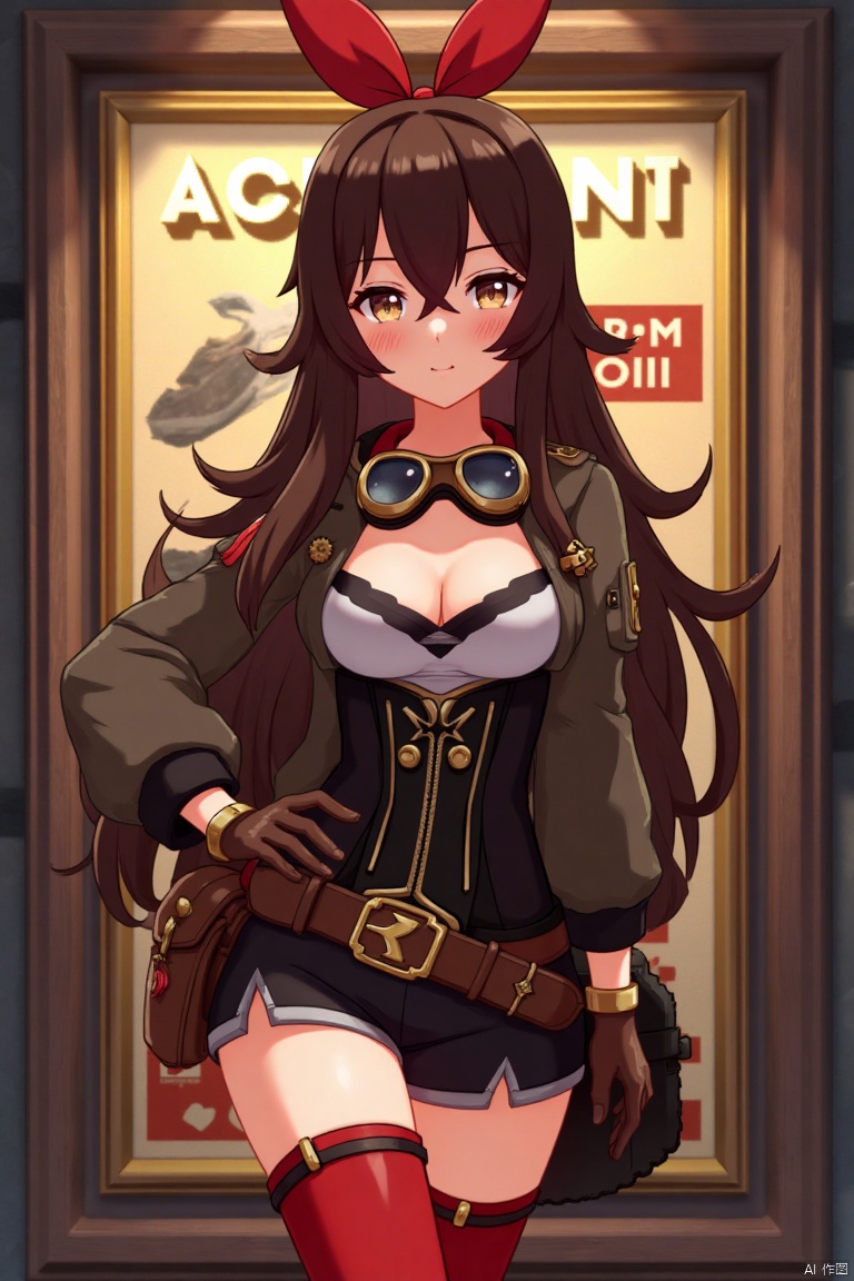 A solo girl with very long brown hair and bangs, wearing a red ribbon and goggles around her neck, stands in a cowboy shot with her hand on her hip, looking at the viewer with a blushing grin. She has medium breasts, brown eyes partially obscured by her hair, and is dressed in a jacket, long sleeves, brown gloves, and short shorts. Her outfit includes a pouch and red thigh-highs. The background is detailed with a poster theme, featuring three-dimensional text AGlong in the middle below. Cinematic lighting creates high contrast and sharp focus, enhancing the dynamic composition and dramatic atmosphere.
