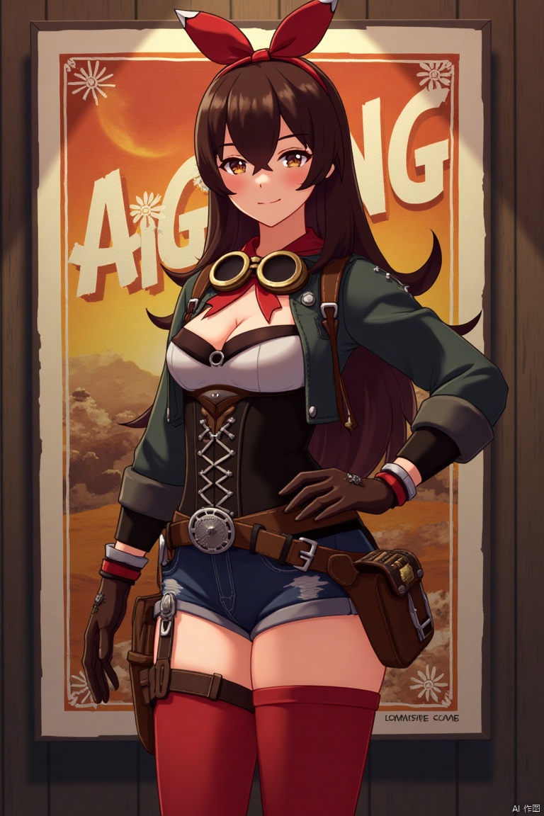 A solo girl with very long brown hair and bangs, wearing a red ribbon and goggles around her neck, stands in a cowboy shot with her hand on her hip, looking at the viewer with a blushing grin. She has medium breasts, brown eyes partially obscured by her hair, and is dressed in a jacket, long sleeves, brown gloves, and short shorts. Her outfit includes a pouch and red thigh-highs. The background is detailed with a poster theme, featuring three-dimensional text AGlong in the middle below. Cinematic lighting creates high contrast and sharp focus, enhancing the dynamic composition and dramatic atmosphere.