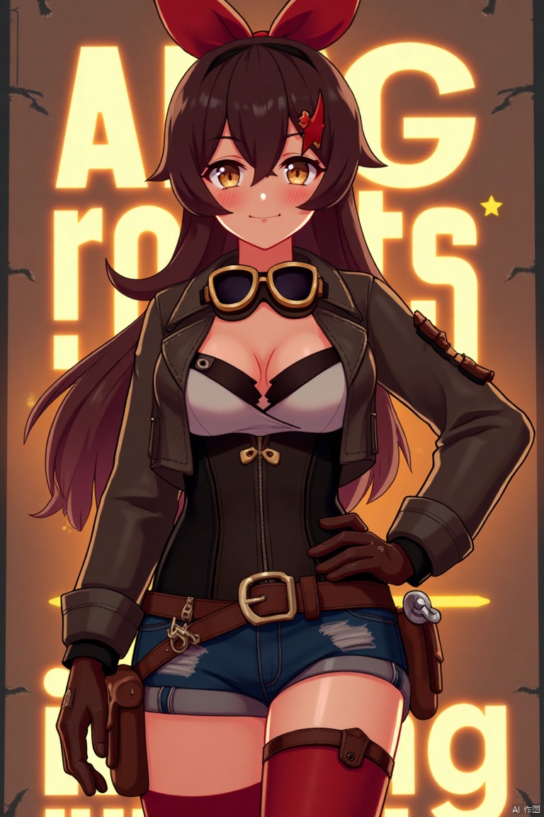 A solo girl with very long brown hair and bangs, wearing a red ribbon and goggles around her neck, stands in a cowboy shot with her hand on her hip, looking at the viewer with a blushing grin. She has medium breasts, brown eyes partially obscured by her hair, and is dressed in a jacket, long sleeves, brown gloves, and short shorts. Her outfit includes a pouch and red thigh-highs. The background is detailed with a poster theme, featuring three-dimensional text AGlong in the middle below. Cinematic lighting creates high contrast and sharp focus, enhancing the dynamic composition and dramatic atmosphere.