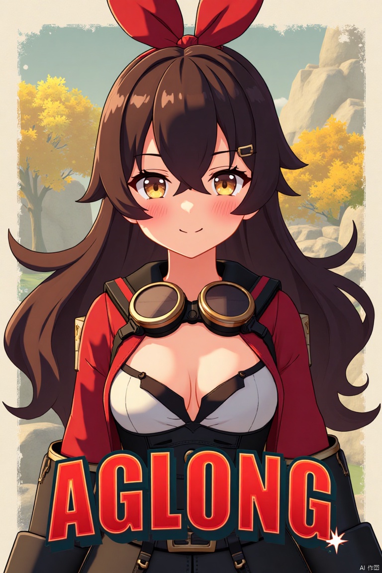 A solo girl with long brown hair and bangs, wearing a ribbon and goggles around her neck, stands in a dynamic pose, looking directly at the viewer with a smile. Her amber eyes are partially obscured by her hair between them. She has cleavage and sidelocks, and her hair is detailed with a yellow tint. The background is simple yet detailed, with a poster theme and three-dimensional text AGlong in the middle below. Cinematic lighting creates high contrast and sharp focus, enhancing the dramatic atmosphere.
