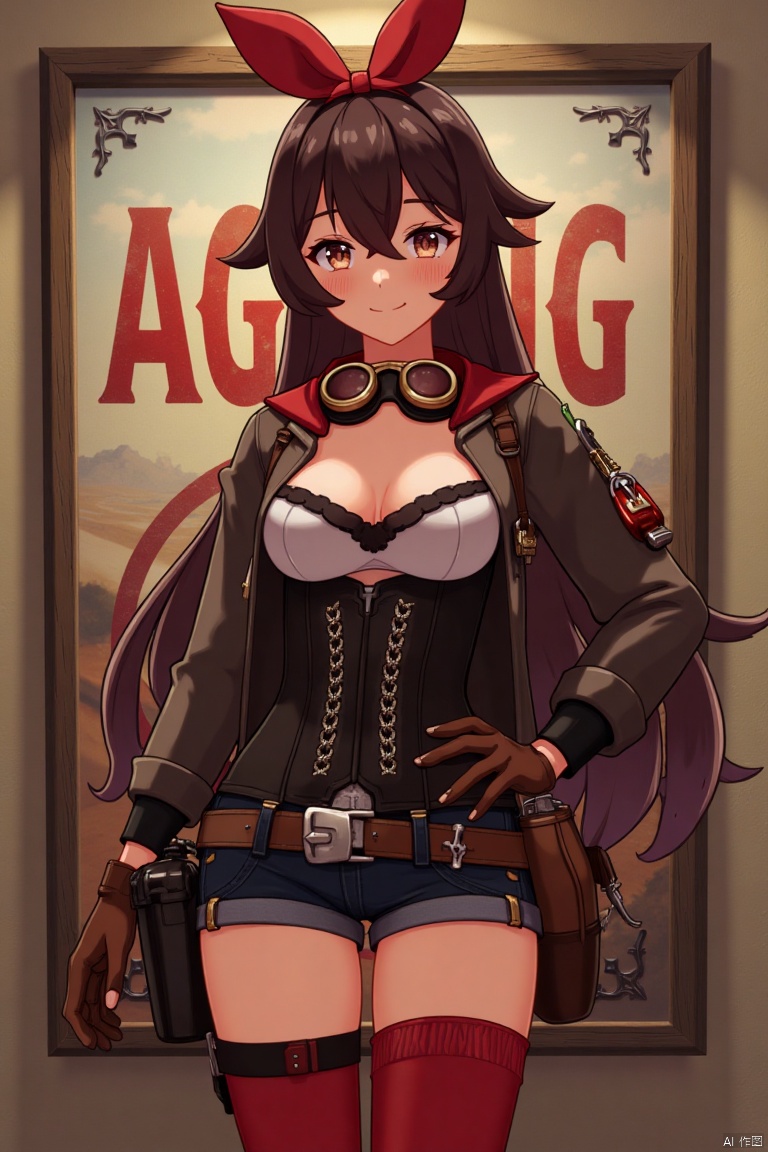 A solo girl with very long brown hair and bangs, wearing a red ribbon and goggles around her neck, stands in a cowboy shot with her hand on her hip, looking at the viewer with a blushing grin. She has medium breasts, brown eyes partially obscured by her hair, and is dressed in a jacket, long sleeves, brown gloves, and short shorts. Her outfit includes a pouch and red thigh-highs. The background is detailed with a poster theme, featuring three-dimensional text AGlong in the middle below. Cinematic lighting creates high contrast and sharp focus, enhancing the dynamic composition and dramatic atmosphere.