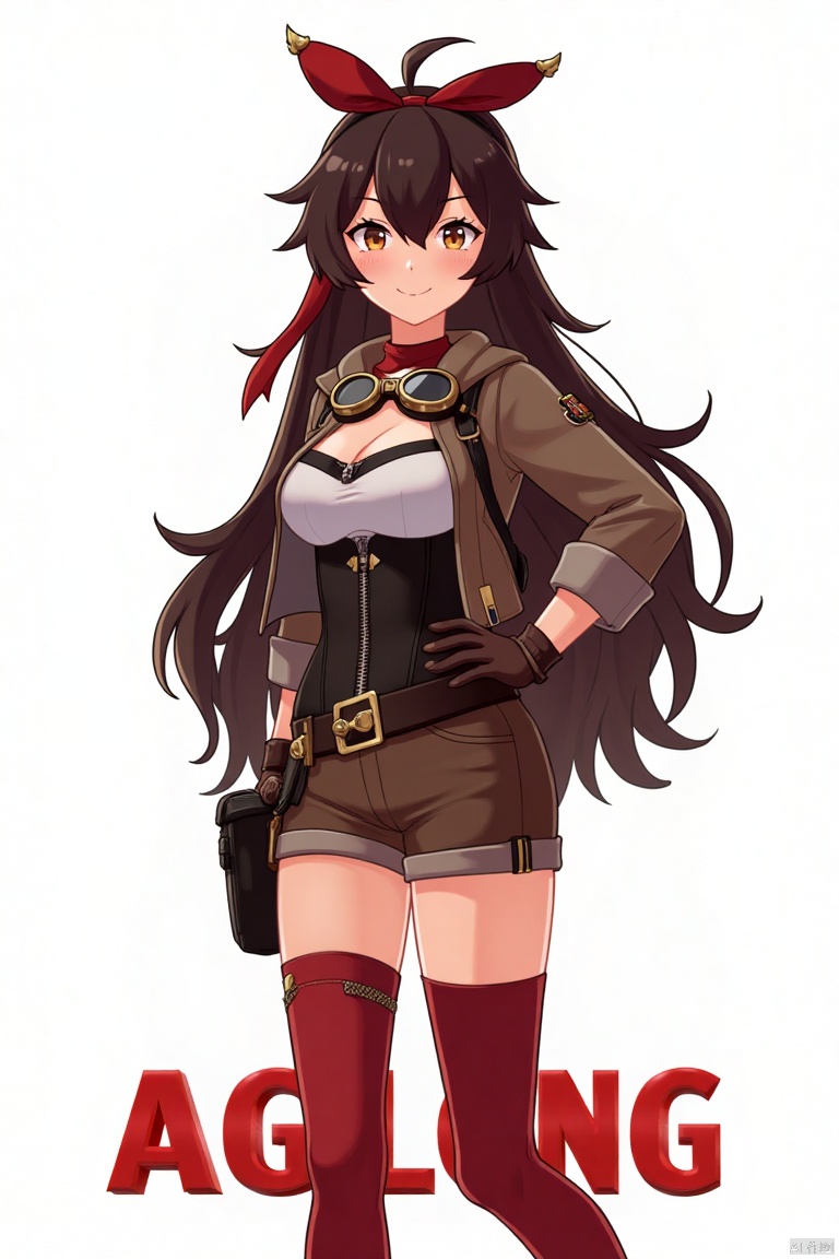 A solo girl with very long brown hair and bangs, wearing a red ribbon and goggles around her neck, stands in a cowboy shot, hand on hip, looking at the viewer with a blushing grin. She has medium breasts, brown eyes partially obscured by her hair, and is dressed in a jacket, long sleeves, brown gloves, and short shorts. Her outfit includes a pouch, red thigh-highs, and brown shorts. The white background is detailed with a poster theme, featuring three-dimensional text AGlong in the middle below. Cinematic lighting creates high contrast and sharp focus, enhancing the dynamic composition and dramatic atmosphere.