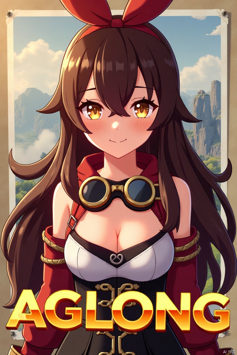 A solo girl with long brown hair and bangs, wearing a ribbon and goggles around her neck, stands in a dynamic pose, looking directly at the viewer with a smile. Her amber eyes are partially obscured by her hair between them. She has cleavage and sidelocks, and her hair is detailed with a yellow tint. The background is simple yet detailed, with a poster theme and three-dimensional text AGlong in the middle below. Cinematic lighting creates high contrast and sharp focus, enhancing the dramatic atmosphere.