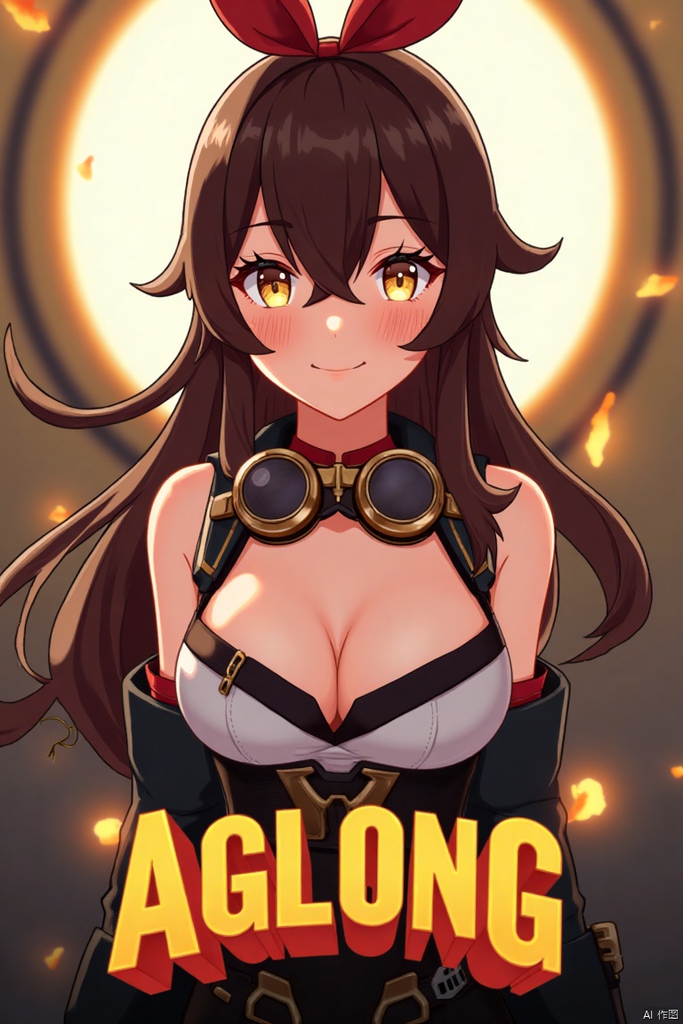 A solo girl with long brown hair and bangs, wearing a ribbon and goggles around her neck, stands in a dynamic pose, looking directly at the viewer with a smile. Her amber eyes are partially obscured by her hair between them. She has cleavage and sidelocks, and her hair is detailed with a yellow tint. The background is simple yet detailed, with a poster theme and three-dimensional text AGlong in the middle below. Cinematic lighting creates high contrast and sharp focus, enhancing the dramatic atmosphere.