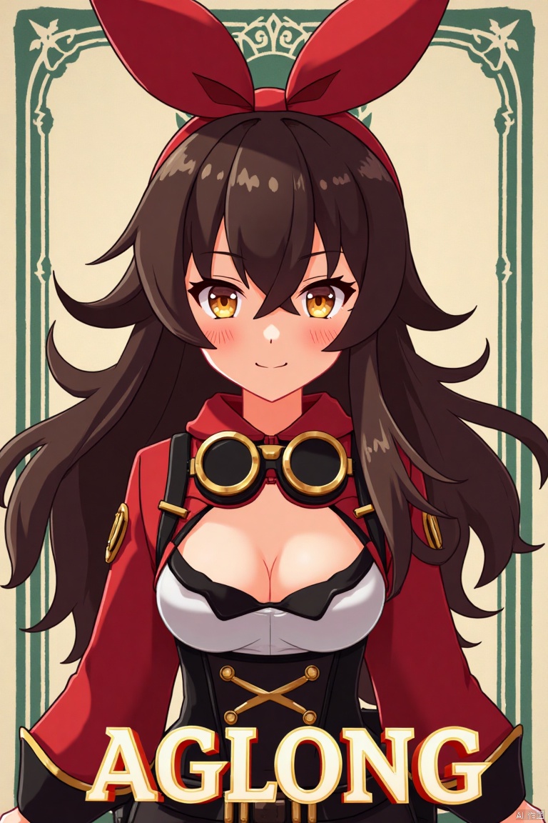 A solo girl with long brown hair and bangs, wearing a ribbon and goggles around her neck, stands in a dynamic pose, looking directly at the viewer with a smile. Her amber eyes are partially obscured by her hair between them. She has cleavage and sidelocks, and her hair is detailed with a yellow tint. The background is simple yet detailed, with a poster theme and three-dimensional text AGlong in the middle below. Cinematic lighting creates high contrast and sharp focus, enhancing the dramatic atmosphere.